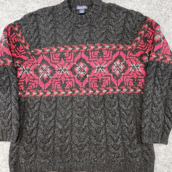 Lands End Mens M Medium 100% Wool Cableknit Fair Isle Nordic Crewneck Sweater - Picture 4 of 13